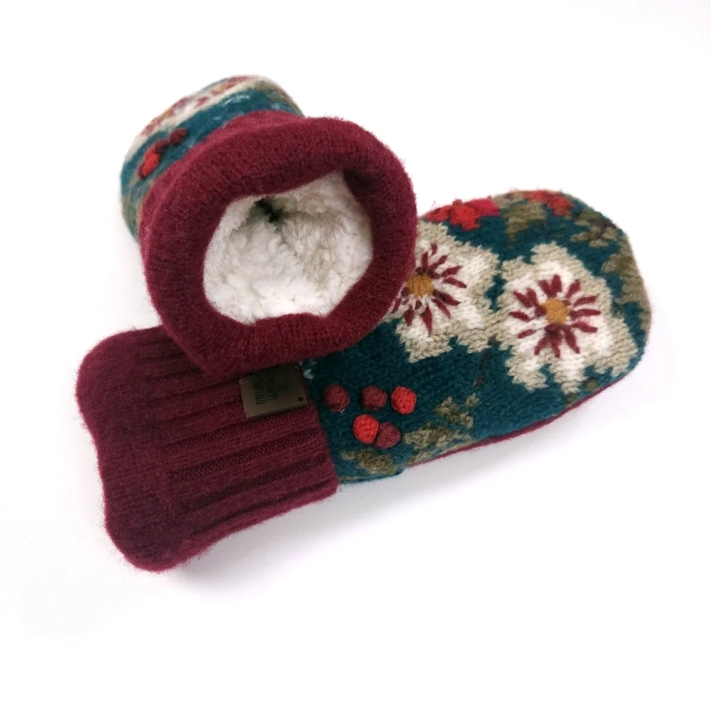 Upcycled Embroidered Teal and Burgundy Sweater Mittens Double Fleece Lined M